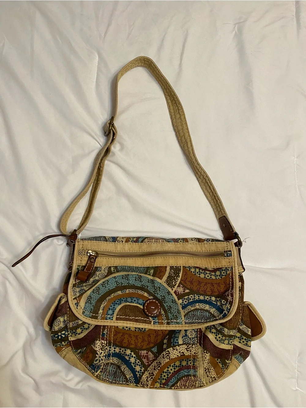 Fossil Modern Vintage Boho Patterned Crossbody Shoulder Bag - Beige Teal Brown